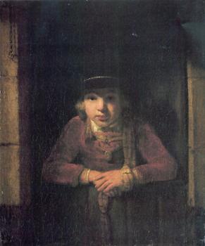 塞繆爾 凡 霍赫斯特拉滕 A Young Man Wearing a Hat decorated with a Gold Medallion in a Half-Door
